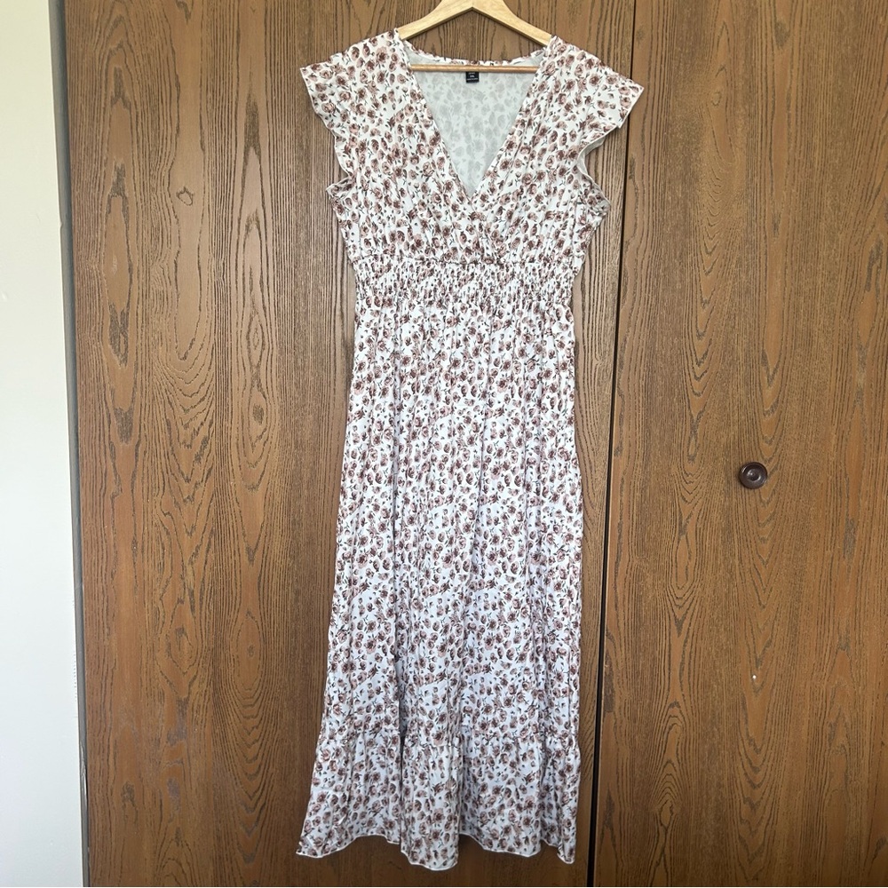 White Maxi Dress with Brown & Tan Floral Pattern